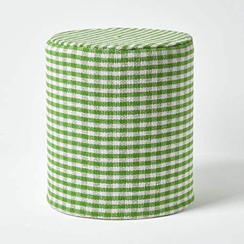 Image of HOMESCAPES Green Round Cotton Gingham Check Pouffe - 40 x 40 x 42 cm