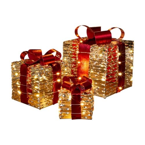 Image of The Christmas Workshop Light-Up Gold & Red Gift Boxes/Set of 3 Different Sizes/Warm White LED Lights/Timer Function/Battery Powered (74449)