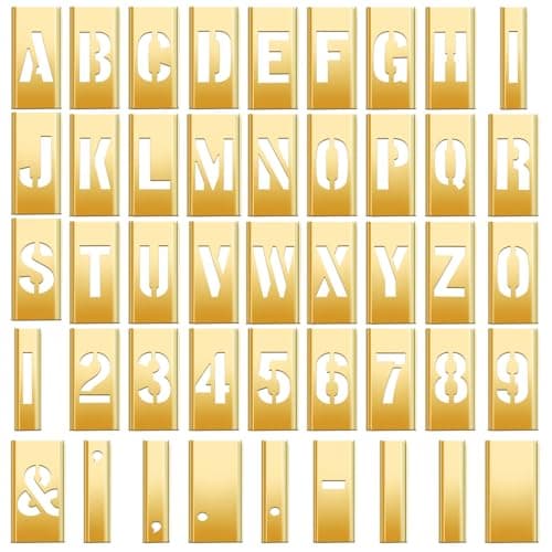 Image of Pelopy 45 Pcs Brass Stencils Letters and Numbers Set 2 Inch Interlocking Letter Metal Stencils Curb Painting Kit for Labeling Tools Equipment Boxes Signs DIY and Craft Projects