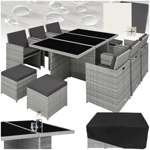 Image of tectake Polyrattan Garden Furniture Set with Aluminium Base, Including 6 Dining Chairs, 1 Table, 4 Stools, Foldable Garden Lounge Set, For Up To 10 People, Patio Furniture - light grey