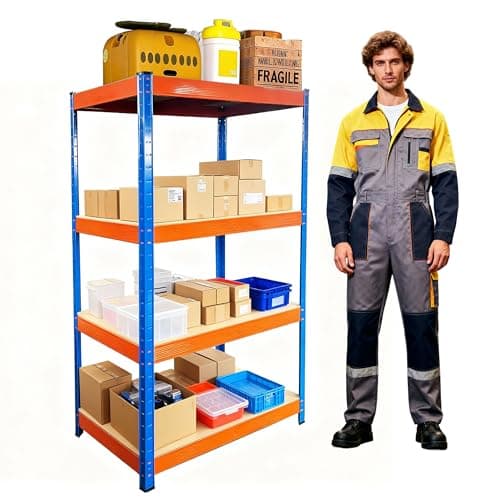 Image of Professional Heavy-Duty Garage Shelving Unit – 4-Tier Boltless Steel Storage Rack with 9mm MDF Shelves, 400kg Per Shelf, 1600kg Total Capacity, Industrial Strength (Blue+Orange, 90X60X180)
