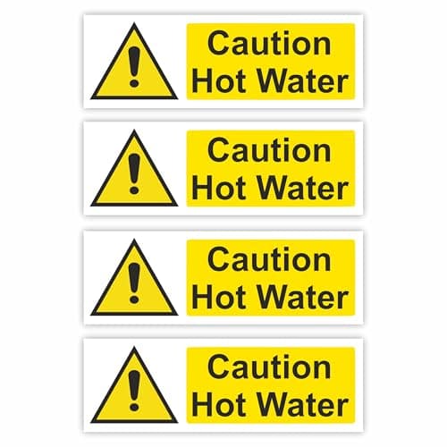 Image of Caution Hot Water Self-Adhesive Signs (4-Pack) / 5x15cm Each (Pack of 4) / Landscape Orientation Removable & Wipeable/Indoor or Outdoor Stickers/Gloss Finish/Hot Water Stickers