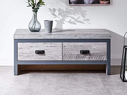Image of GFW Boston 2 Drawer Coffee Table Grey Distressed Finish For Living Room, 2 Storage Drawers For Entertainment Controls, Magazine Or Books, 87 cm Width x 48 cm Depth x 35.5 cm Height, Grey