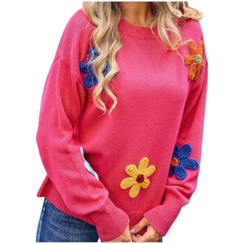 Image of AnnSemo Women's Jumpers Long Sleeve Tops Ladies Lightweight Sweatshirt Crew Neck Tunic Shirt Floral Printednew Ladies Knitted Sweater Stretch Knit Jumper Casual Pullover