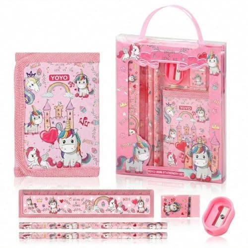 Image of Hopzab School Stationery Set Stationery Gift Kit Includes Purse, 2 Pencils, 15cm Ruler, Eraser and Sharpener, Fixed Gift Set Perfect for Boys Girls (Unicorn)