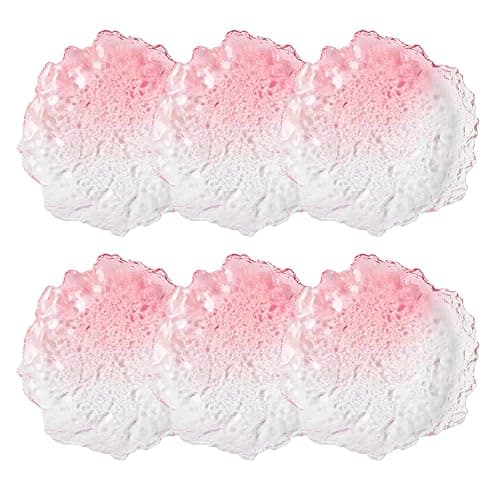 Image of 6 pcs Textured Glass Plates Wavy Edge Decorative Clear Modern Hammered Ice Appetizer Plates Set. Glass Serving Tray Dinner Appetizer Artistic Dinnerware Frosted Elegant (Pink, Medium (5.9in / 15cm))