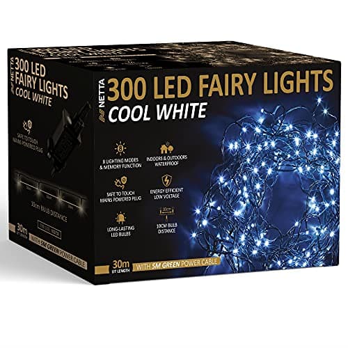 Image of NETTA Christmas Tree Fairy Lights - 30M 300 LED Mains Powered, Waterproof Outdoor String Light, 8 Modes Plug in Lighting Outside Indoor & Outdoor Garden Xmas Decorations - Cool White