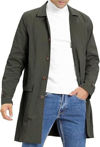Image of Runcati Mens Trench Coat Slim Fit Single Breasted Casual Long Jacket Lightweight Lapel Fall Windbreaker Overcoat Army Green M