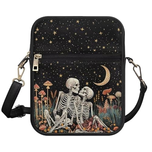 Image of UOIMAG Goth Skull Cross Body Bags for Women Starry Night Mushroom Phone Purse Leather Shoulder Bag