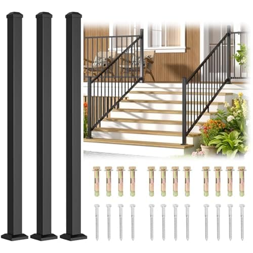 Image of Guwezoy 3 Pack 39in x 2in x 2in Aluminum Deck Railing Post, Textured Matte Black Porch Railing Post Decking Railings Post for Outdoor Decks and Porches