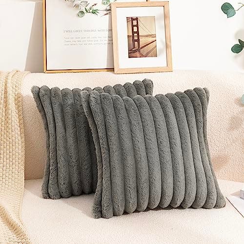 Image of Uhomy Set of 2 Faux Fur Home Decorative Throw Pillow Cover Luxury Super Soft Grey Fuzzy Striped Furry Pillowcase for Sofa Couch Bedroom Comfy Thick Fluffy Plush Cushion Cover 20" x 20" Grey 50 cm