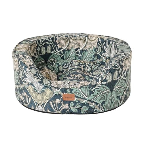 Image of Rosewood x Morris & Co. Honeysuckle & Acorn Oval Dog Bed, Small – Luxury Reversible Pet Bed with Iconic William Morris Floral Prints, Soft Washable Cushion, Padded Sides – Stylish Heritage Design