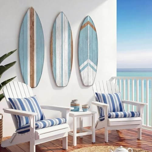 Image of Yookeer 3 Pcs Surfboard Wall Decor,36" x 12" Large Wooden Surfboard Wall Art Set, Beach Room Decor Aesthetic Cute Beachy Tropical Surf Board Art for Surfer Bedroom Decoration(Blue,Cute)