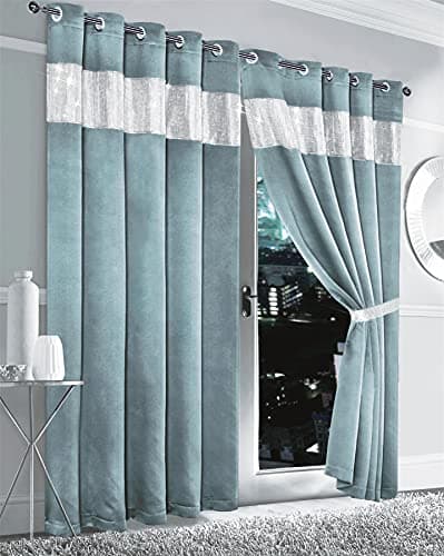 Image of Olivia Rocco Diamante Blackout Eyelet Curtains With Tie Backs Black Out Thermal Ring Top Curtain Pair Window Dressing, 66" (Width) x 90" (Drop) Duck egg