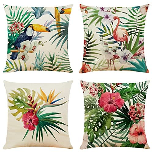Image of NIULAA Tropical Flowers Plants Cushion Covers Sets of 4 Decorative Linen Throw Pillow Cases 50cm x 50cm Flamingo Pillowcase 20x20 for Sofa Outdoor Garden Farmhouse