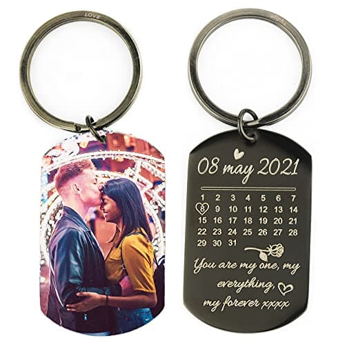 Image of Personalised Date Engraved Photo keyring, Custom Calendar Engraved Picture Keychain, Gift for Anniversary, Graduation, Wedding, Birthday,For Him&Her,Mother's Day Keepsake, Special Day Marked Keyring