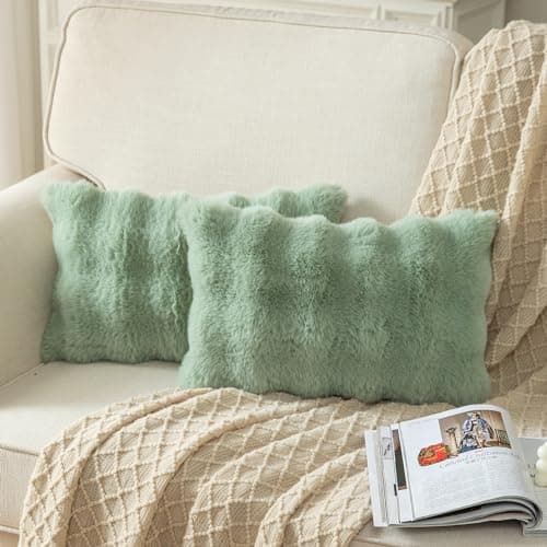Image of YAERTUN Pack of 2 Sage Green Cushion Covers 12x20 Inch 30x50 cm Thick Soft wool Decorative Throw Pillow covers Pillowcase Faux Fur Plush fluffy for Sofa Couch Bedroom