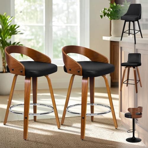 Image of ALFORDSON Bar Stools Set of 2, 64CM Counter Height PU Leather Upholstered Barstools with Back and Footrest, Swivel Wooden Kitchen Chair for Kitchen Island, Dining Room, Home Pub, Black & Brown