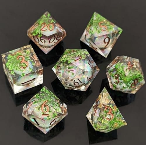 Image of ORUZA 7 PCS Liquid Core DND Dice Resin Sharp Edge Dice Polyhedral D&D Dice Set for Dungeons and Dragons RPG MTG Table Games (Green Leaf Liquid Quicksand)
