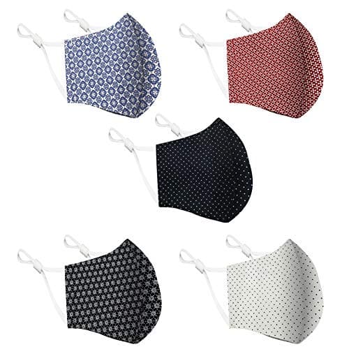 Image of Cotton Face Mask 5 Pack | Handmade in UK Washable Reusable with Nose Wire | Filter Pocket | Adjustable Ear Loops | 3 Layers Cloth Face Masks for Women Men
