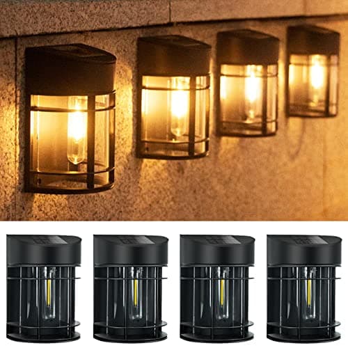 Image of btfarm 【4 Pack】 Solar Fence Lights Outdoor Garden, Waterproof Retro LED Wall Lights for Patio Decking Gate Yard Decoration (Warm White)