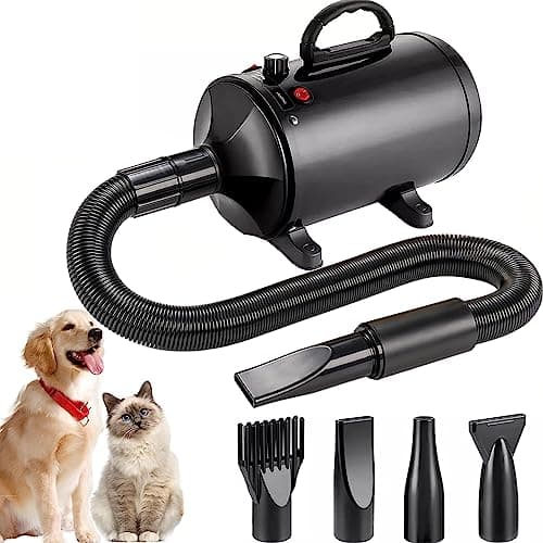 Image of AHWOiHS Dog Hair Dryer Pet Dog Blaster Dryer Dog Grooming Gryer 2800W Low Noise Temperature Heater with 4 Different Nozzles (Black)