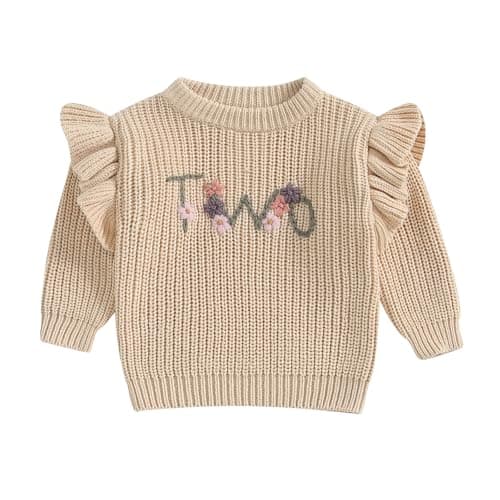Image of Geagodelia Toddler Baby Girl 1st/2nd/3rd Birthday Sweater Ruffled Long Sleeve Knitted Sweatshirt Knit Pullover Floral Letter Embroidery Jumpers Tops Warm Chunky Knitwear Outfit (Khaki Two, 2-3 Years)