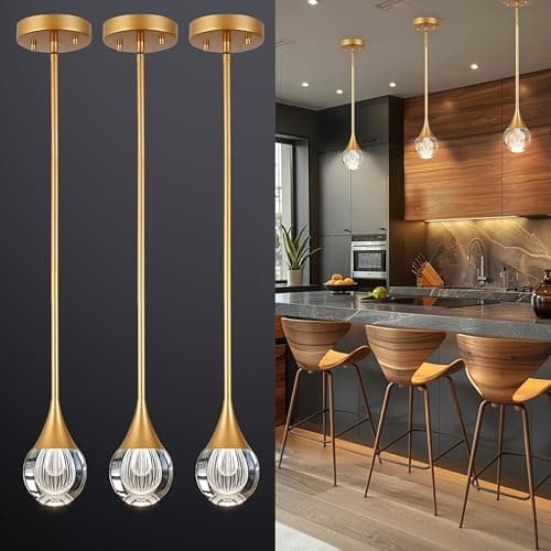 Image of EANLOLY 3-Light Crystal Kitchen Island Lights - Elegant LED Pendant Ceiling Light Fixture for Dining Rooms, Bedroom, and Bar - Adjustable Height, Gold Finish