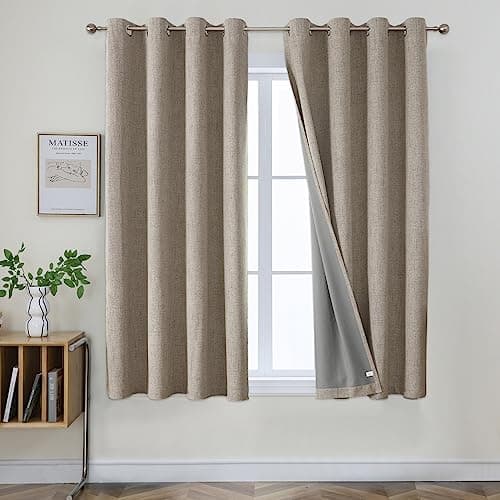Image of Joydeco 100% Blackout Lined Curtains W46 x L54 Inch Drop, Linen Look Textured Thermal Insulated Eyelet Short Curtains with Coating Back Layer for Living Room Bedroom, Linen Colour - 2 Panels