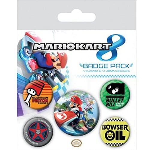 Image of Super Mario Badge Pack - Kart 8, 1 X 38mm & 4 X 25mm Badges (6 x 4 inches)
