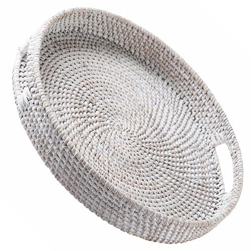 Image of Rattan Serving Tray 34cm / 13.8" • Woven Serving Trays with Handles for Home by JUNGLE CULTURE® • Round Coffee Table Tray • Wicker Serving Basket for Bread, Fruit, Candles • Whitewash