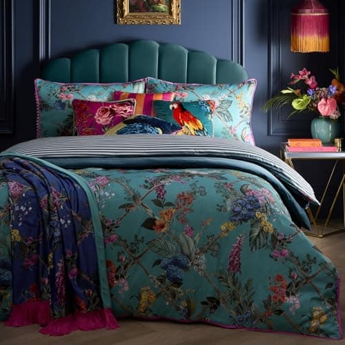 Image of Laurence Llewelyn-Bowen - Teal Floral & Trellis Duvet Cover - Super King Bedding Size (260 x 220cm) - Reversible Designs - Soft 100% Cotton - 200 Thread Count - Luxury Bedding Set - 2 Pillowcases
