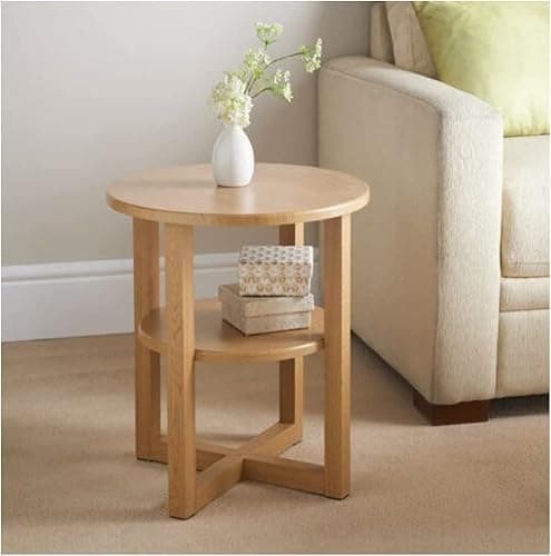 Image of 2 Tier Oak Effect Round Side Table, Wood End Table with Storage Modern Sofa Table, Small Lamp Plant Coffee Table, Night stand for Living Room Bedroom and Small Spaces, Home Décor (Contemporary, Oak)