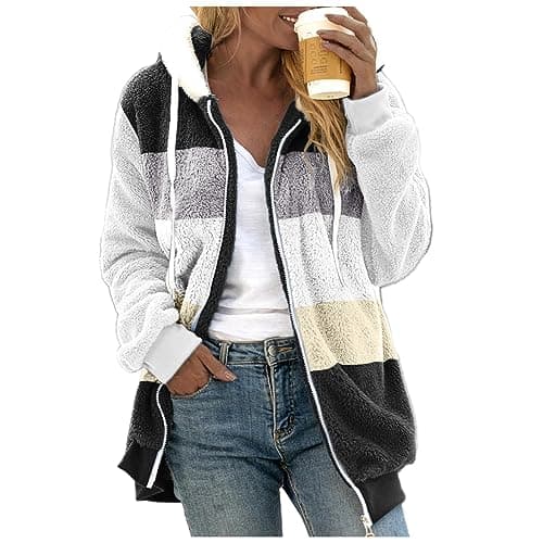 Image of KBOPLEMQ Fleece Jacket Women's Oversized Winter Jacket Warm Hoodie Teddy Fleece Zip Up Sweatshirt Autumn Winter Hoodie Coat Elegant Jacket Tops Plush Jacket Hooded Jacket with Zip, T Black, XL