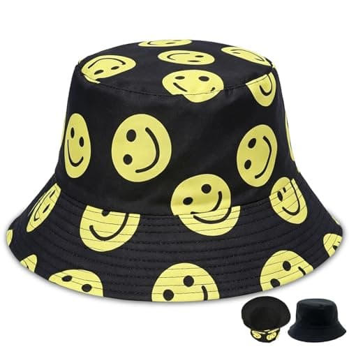Image of bafeooo 90s Bucket Hat with Black Smiley Print, Reversible Double-Sided Sun Hats for Men, Bucket Hats Men Foldable Wide Black Hat for Outdoor Sports Beach, Fishing Sunhats for Mens