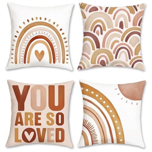 Image of Bonhause Boho Rainbow Cushion Covers 45 x 45 cm You are So Loved Inspirational Quote Heart Decorative Pillow Covers Velvet Pillowcases for Girls Kids Bedroom Nursery Decor Set of 4