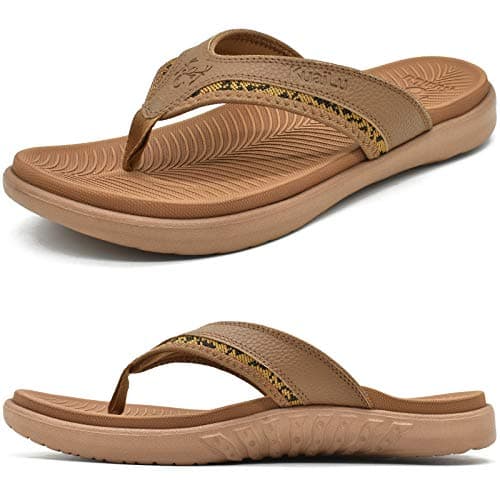 Image of KuaiLu Men's Beach Flip Flops Pool Thong Sandals, Comfort Arch Support Yoga Foam Stylish Flip Flops for Men Wide Feet with Soft Toe Post, Size 11 Khaki