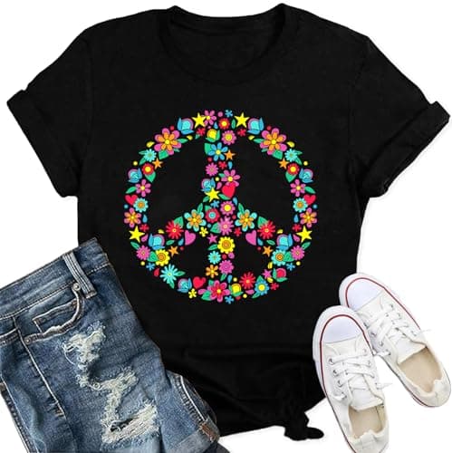 Image of Qskall Womens Peace Sign T Shirts 60s 70s Inspirational Shirt Hippie Love Tee Floral Tops Black