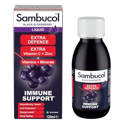 Image of Sambucol Natural Black Elderberry Extra Defence Liquid | Vitamin C, B6 & D | Zinc | Folic Acid & Minerals |Advanced Immune Support Supplement | 120ml