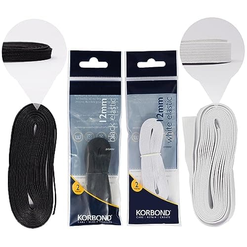 Image of Korbond Sewing Elastic - 12mm x 2m Each - x 1 Black & x 1 White - Woven Durable Strap for Waistband, Cuffs, Crafts - Black and White Elastic for Sewing