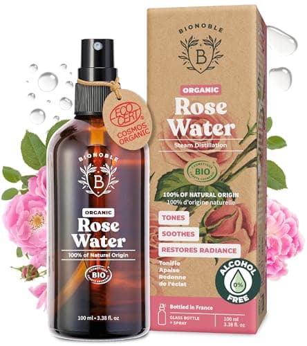 Image of BIONOBLE Organic Rose Water Spray - Tonifies, Calms, Boosts Radiance - 100% Natural Hydrolat, Alcohol-Free - Vegan Rose Water for Face, Hair, Eye Contour, Body - Glass Bottle - 100ml