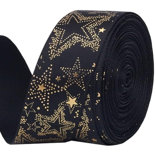 Image of CABODYALS 9.14M Black Stars Grosgrain Ribbon Christmas Foil Printed Stain Garland Glitter Wired Holiday Wreath Painted Decorative Woven Edge Ribbon for Gift Wrapping Crafts Supply Sewing Making