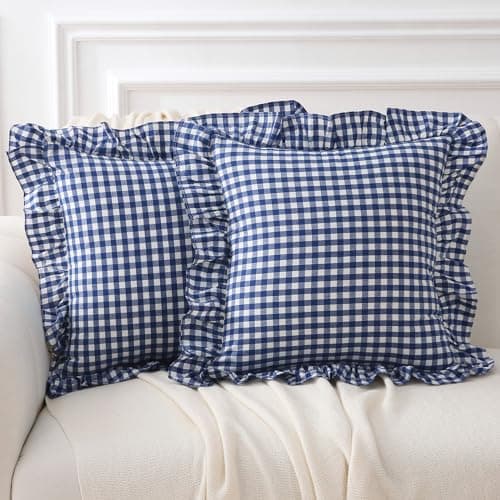 Image of K MASANIJI 100% Cotton Plaid Ruffle Throw Pillow Covers Set of 2, Gingham Check Decorative Throw Pillow Covers for Bed/Sofa, Farmhouse Style (18x18, Navy Blue/White Check)