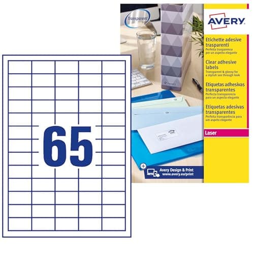 Image of Avery Transparent, Printable, Mini Address Labels, Customisable, 38.1 x 21.2 mm, 65 Labels per Sheet, 1625 Labels per Pack (L7551-25