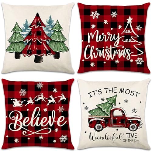 Image of Home-X Christmas Cushion Covers Set of 4, 45 x 45 cm Linen Square Red Black Tartan Throw Pillow Case Merry Christmas Sofa Pillow Cover for Xmas Party Decoration Supplies Home Decor