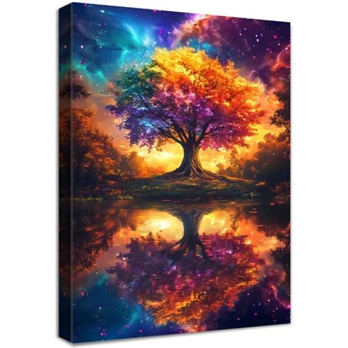 Image of Wooden Framed Canvas Wall Art Colorful Tree Painting on Canvas Prints Poster Cosmic Tree Of Life Astral Sunset Dreamscape Pictures for Living Room Bedroom Dinning Room Corridor Wall Decor 40x60cm