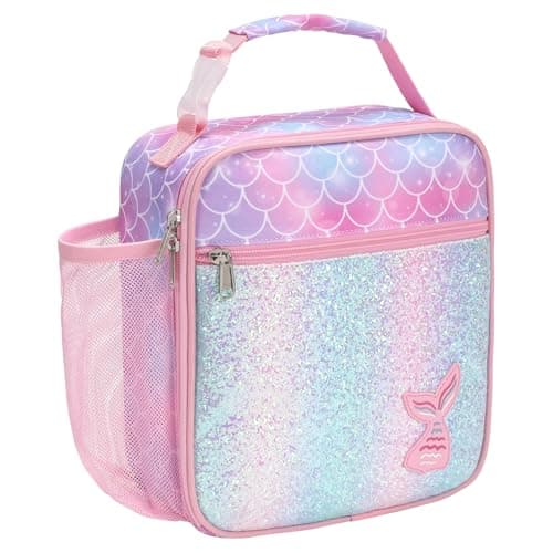 Image of Bagseri Lunch Bag for Girls - Insulated School Lunch Box with Bottle Holder, Portable Reusable Thermal Cooler Tote for Nursery, 6L Capacity, Glitter Pink Mermaid