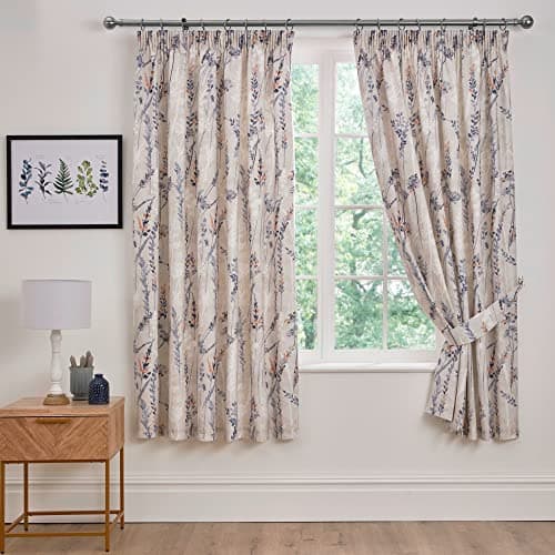 Image of Dreams & Drapes Design - Wild Stems - Pair of Pencil Pleat Curtains With Tie-Backs - 66" Width x 72" Drop (168 x 183cm) Bed Size in Blue