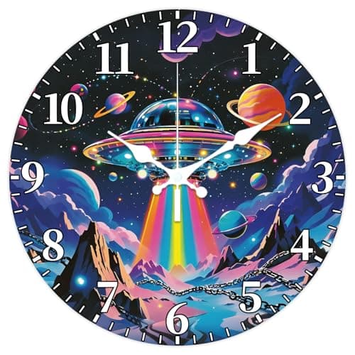 Image of CHGCRAFT Universe Wall Clock 12 Inch UFO Clock Starry Sky Round Decorative Clocks for Bedroom Living Room Kitchen Office