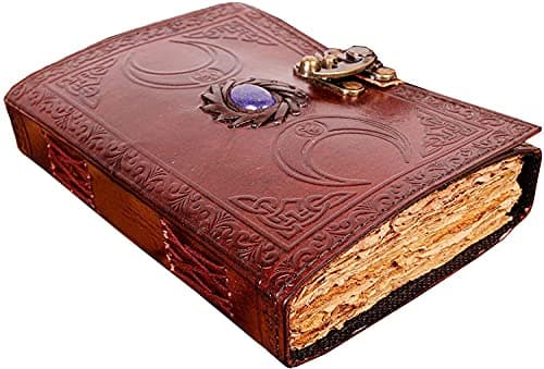 Image of ALCRAFT Vintage Leather Celtic Triple Moon Grimoire Black Book of Shadows Spellbook Journal for Men Women, Wicca Wiccan Pagan Witchcraft Writing Notebook, Blank Unlined Pages